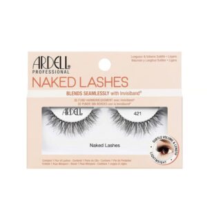 Ardell Naked Lashes 421 in retail packaging, showcasing a single pair of soft, mid-length false lashes with crisscross layering and an invisible band.