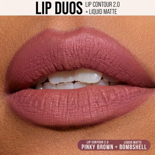 Flat lay of Huda Beauty Bombshell Lip Duo – lipstick and contour pencil displayed