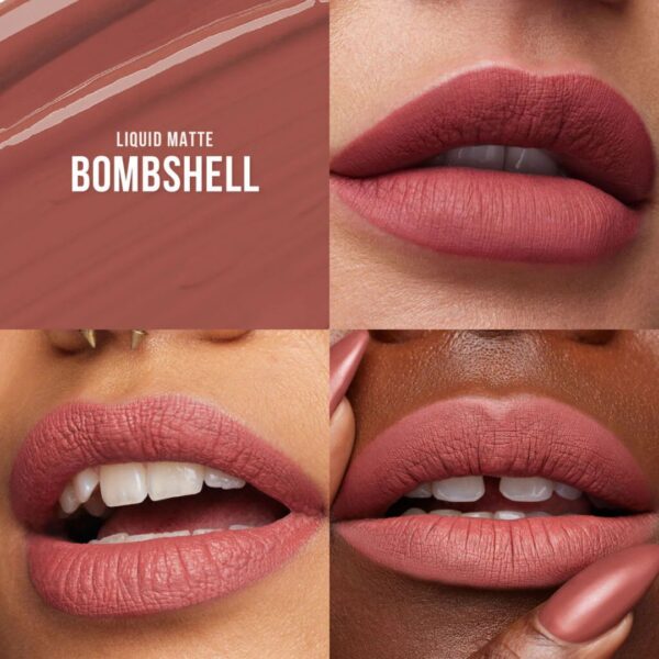 Huda Beauty Liquid Matte Lipstick in Bombshell shade – close-up