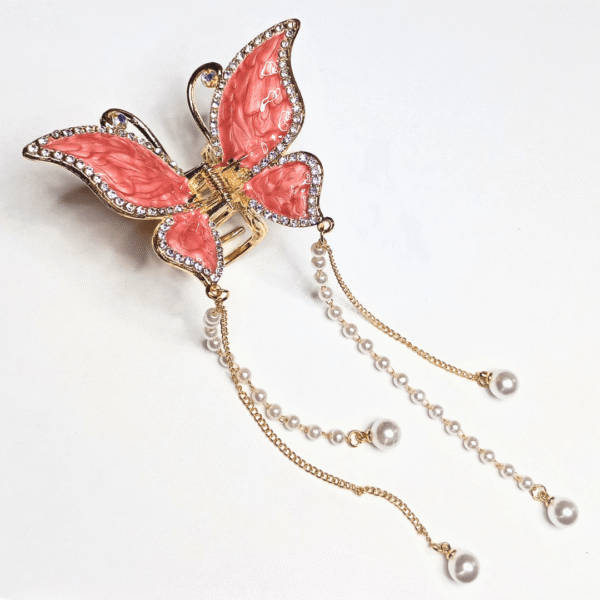 RHINESTONES & PEARLS STUDDED, DROP BUTTERFLY HAIR CLAW/CATHCER - Let's Glamorize