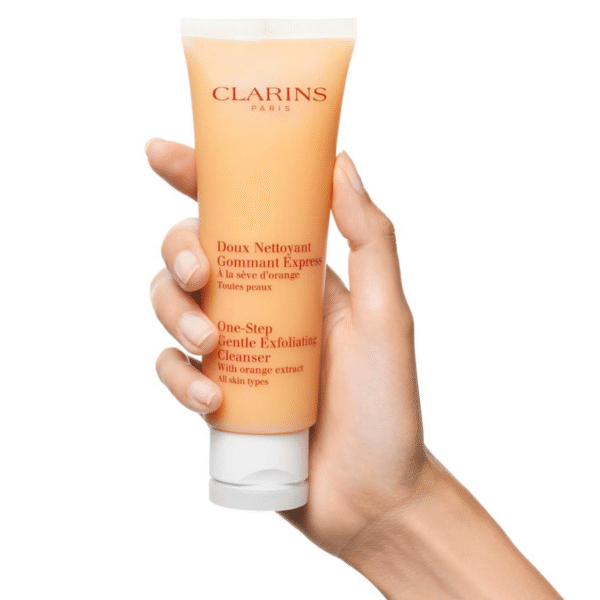 "Travel-size Clarins exfoliating cleanser and makeup remover for all skin types