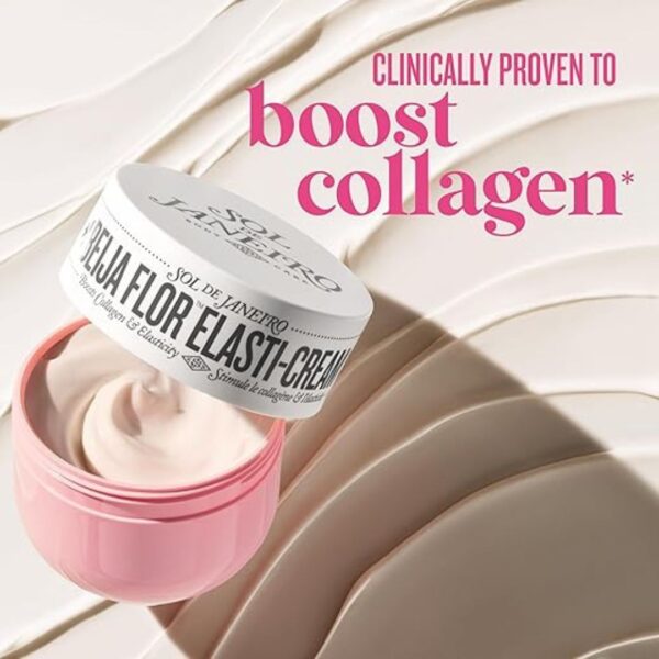 Collagen-boosting Beija Flor Elasti-Cream by Sol de Janeiro, deeply hydrating body cream with cupuaçu butter, açaí oil, and a tropical floral fragrance