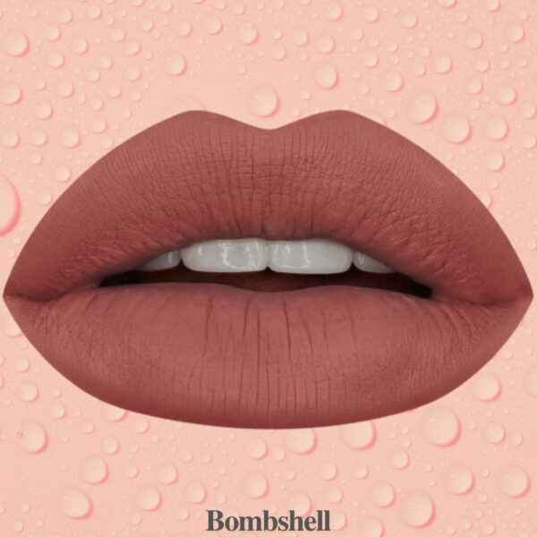 "Liquid Matte Ultra-Comfort Lipstick in shades Wifey, Trendsetter, Bombshell, and Icon arranged on a marble surface."