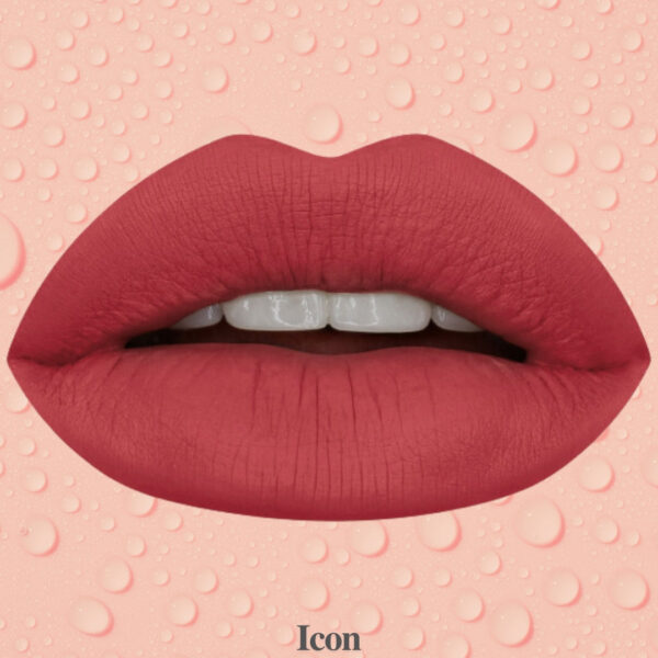 "Swatches of Liquid Matte Lipstick showing shades Wifey, Trendsetter, Bombshell, and Icon on different skin tones."