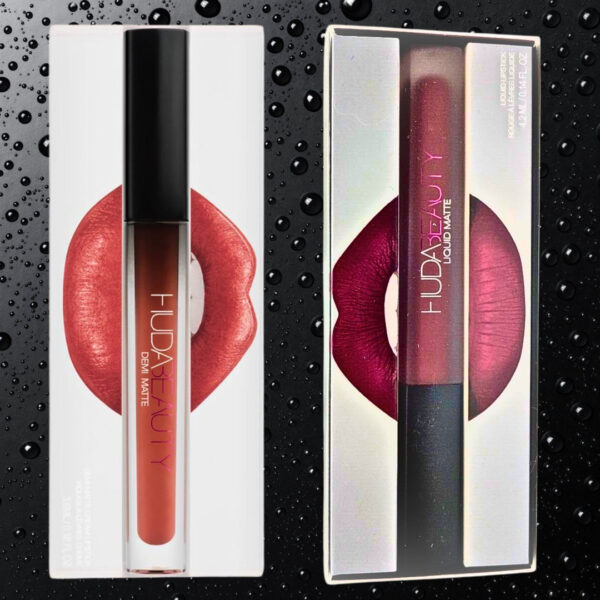 "Swatches of Liquid Matte Lipstick showing shades Wifey, Trendsetter, Bombshell, and Icon on different skin tones."