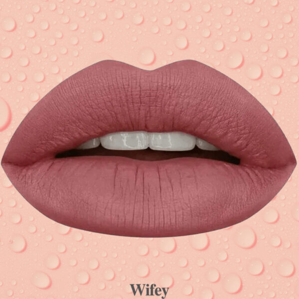 "Swatches of Liquid Matte Lipstick showing shades Wifey, Trendsetter, Bombshell, and Icon on different skin tones."