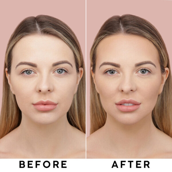 "Before and after contouring using Huda Beauty Tantour Cream-to-Powder formula."