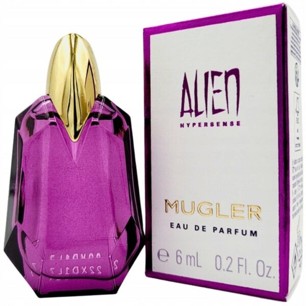 Mugler Alien Hypersense Eau de Parfum 6ml mini bottle, featuring a sleek and compact design. Enchanting floral and woody fragrance, perfect for on-the-go luxury.