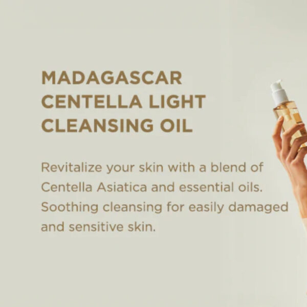 "Close-up of Skin1004 Madagascar Centella Cleansing Oil texture and pump design."