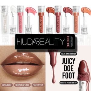 "Huda Beauty FAUX FILLER Lip Gloss applied for a glossy, plumping effect."
