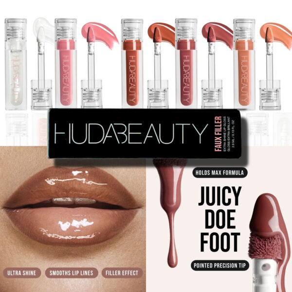 "Huda Beauty FAUX FILLER Lip Gloss applied for a glossy, plumping effect."