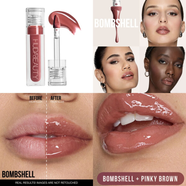 "Close-up swatches of Huda Beauty FAUX FILLER Extra Shine Lip Gloss on different skin tones."
