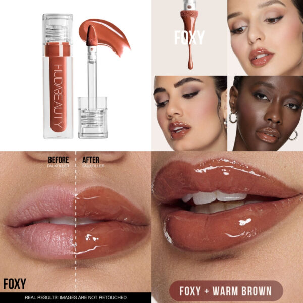 "Huda Beauty FAUX FILLER Lip Gloss in shades Foxy, Glassy, Sugar Baby, Bombshell, and Honey, displayed on a marble background."