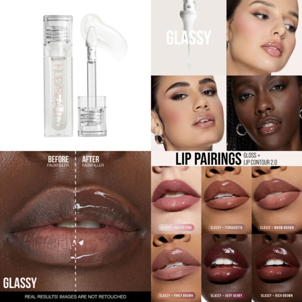 "Huda Beauty FAUX FILLER Lip Gloss applied for a glossy, plumping effect."