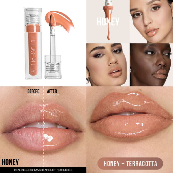 "Close-up swatches of Huda Beauty FAUX FILLER Extra Shine Lip Gloss on different skin tones."