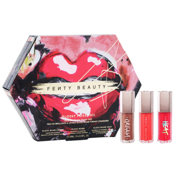 "High-shine, hydrating FENTY BEAUTY Gloss Bombs in limited-edition packaging."