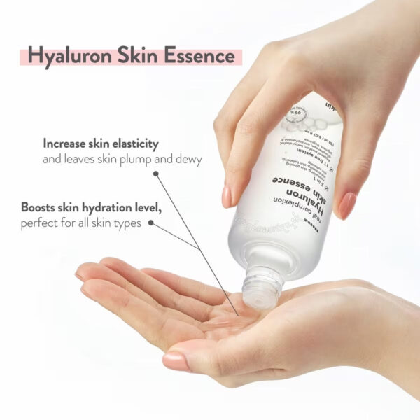 "Close-up of Hanskin Hyaluron Essence bottle with lightweight, fast-absorbing formula."
