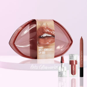 "Huda Beauty Pink Kit Juicy Bombshell Lip Duo with high-shine gloss and long-lasting liner."
