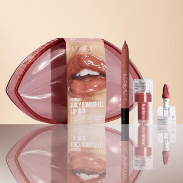 "Huda Beauty Lip Duo for bold, luscious, and defined lips in Pink Kit Juicy Bombshell shade."