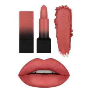 "Swatch of HUDA BEAUTY Power Bullet Matte Lipstick - Rendez Vous, a striking cool-toned red."
