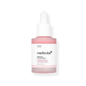 "Medicube PDRN Pink Peptide Serum 30ml in a sleek glass bottle with a white pump and pink label."

