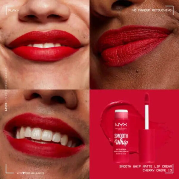 "Close-up of NYX Smooth Whip Lip Cream applicator in vibrant Cherry Crème shade."