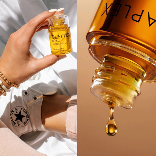 "Close-up of Olaplex No. 7 Bonding Oil bottle with lightweight, heat-protective formula."