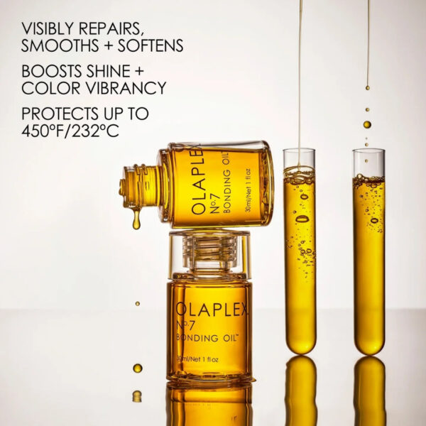 "Olaplex No. 7 Bonding Oil for frizz control and brilliant shine in all hair types."