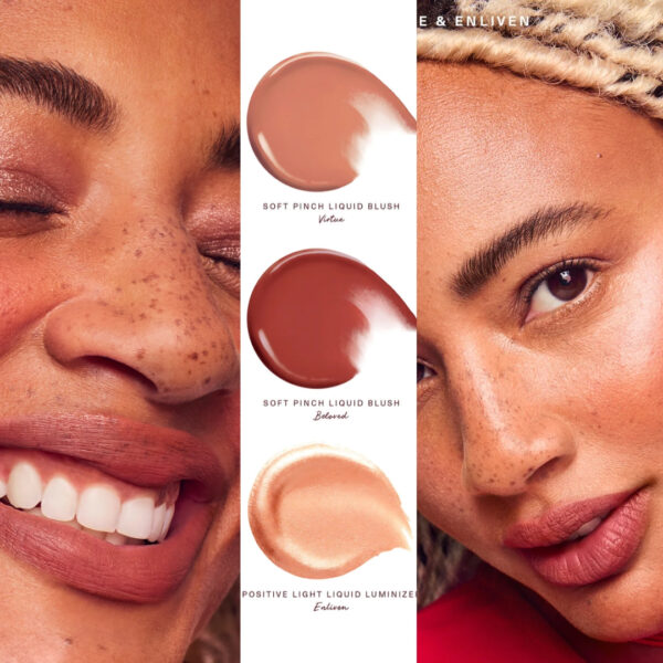 "Rare Beauty Mini Blush & Luminize Trio with blush and two luminizers in a travel-friendly size."