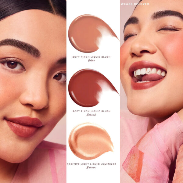 "Close-up of Rare Beauty Mini Blush and Luminizers for a radiant glow."