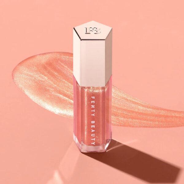 fenty beauty by rihanna gloss bomb universal lip luminizer in champ stamp fantasy, shimmering holographic gold pearl (mini size) 2 ml/ 0.07 oz