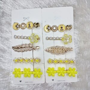 Pack of 5 Embelisshed korean hair pins (neon yellow)
