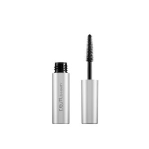 REM Beauty Flourishing Lengthening Mascara in 3ml mini size, featuring a sleek, geometric silver tube with minimalist branding.