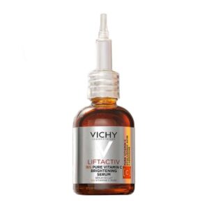 Vichy LiftActiv 16% Pure Vitamin C Brightening Serum in 4ml mini-size amber glass bottle with dropper cap, featuring minimalist white and orange labeling