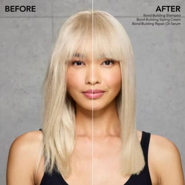 Side-by-side comparison of hair before and after using Bumble and bumble Bond-Building Hair Repair Oil Serum, highlighting improved smoothness and reduced frizz