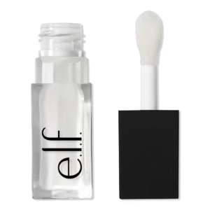 Opened e.l.f. Crystal Clear Lip Oil showing wide doe-foot applicator and glossy formula

