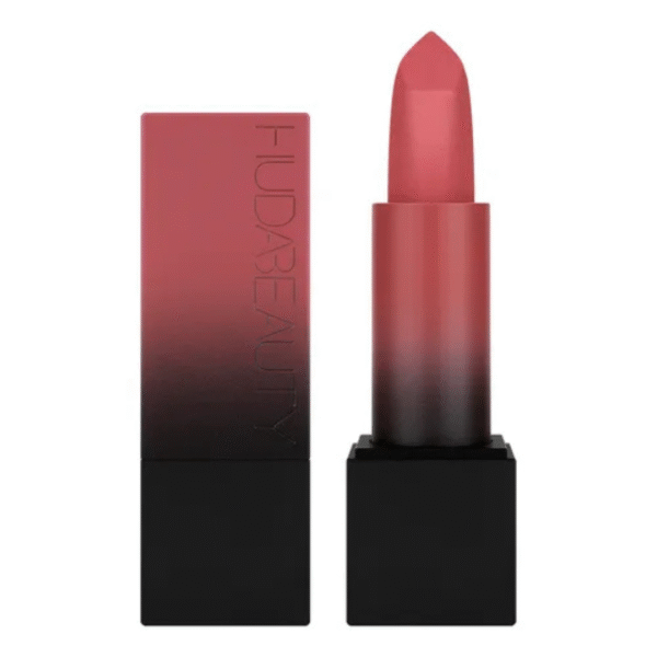 Model wearing Huda Beauty Power Bullet Lipstick