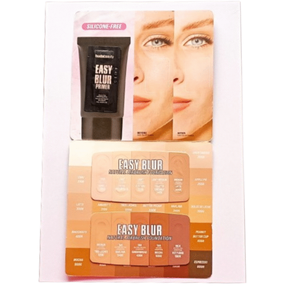 Huda Beauty sample card with two attached product sachets: Easy Blur Primer and Easy Blur Foundation