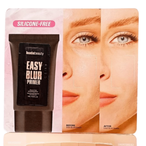 Huda Beauty branded sample card with attached trial sizes of Easy Blur Primer and Easy Blur Foundation.