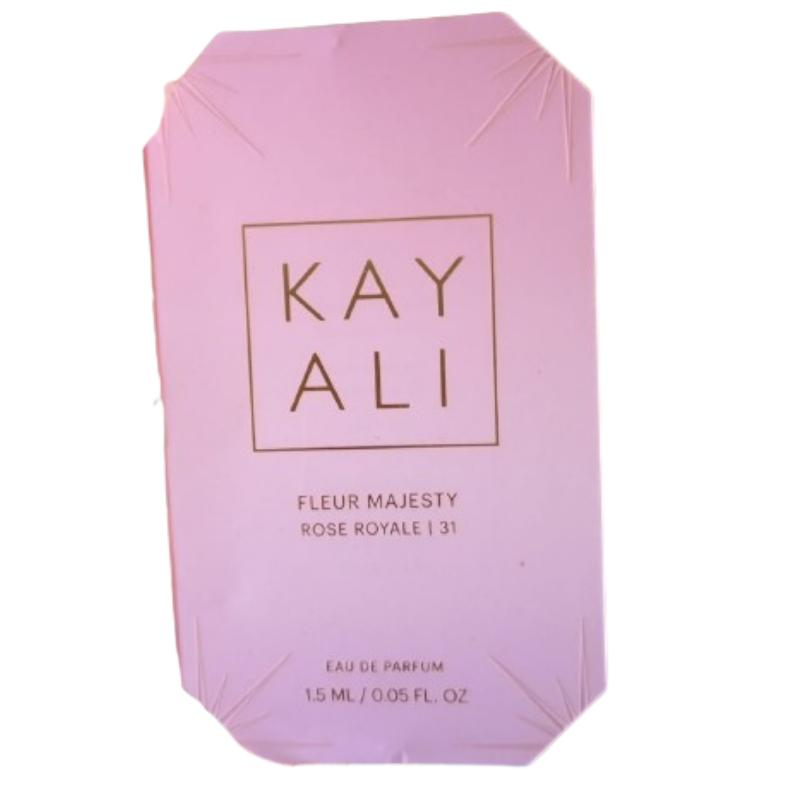 "KAYALI Fleur Majesty Rose Royale 31 Eau de Parfum 1.5ml perfume sample vial with gold cap and minimalist label."