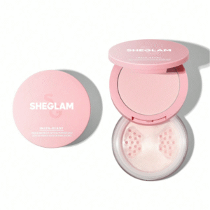 “Sheglam Insta-Ready Powder Duo in Bubblegum with two soft pink setting powders in a black compact on a white background.”