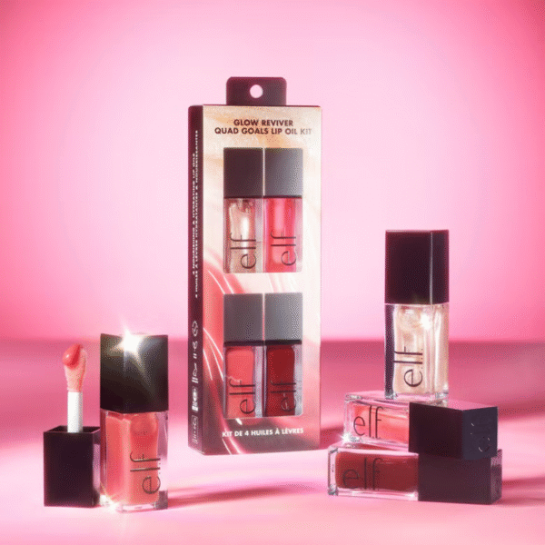 e.l.f. Glow Reviver Quad Goals Lip Oil Kit 7.6ml with four tinted lip oils in clear tubes