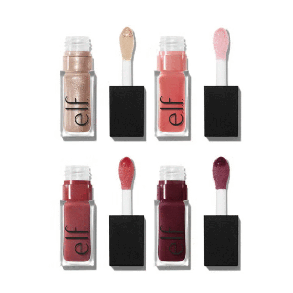 Swatches of four e.l.f. Glow Reviver Quad Goals lip oil shades on light skin