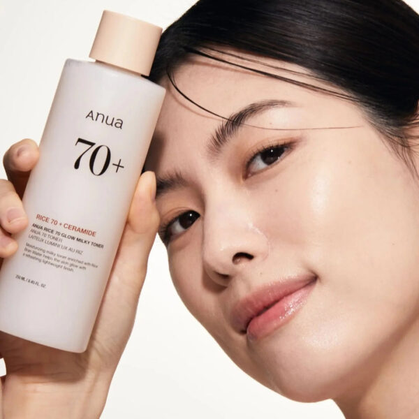 Anua Rice + Ceramide Toner with packaging and product spill