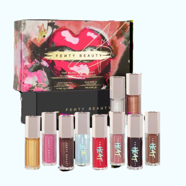 "FENTY BEAUTY by Rihanna Gloss Bomb Vault 10-Piece Lip Luminizer Set with universal shades."