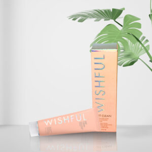 "Travel-size WISHFUL Cleanser displayed with complementary skincare products."
