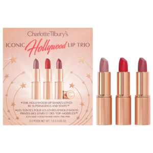 "Charlotte Tilbury Mini Lipstick Trio displayed on a vanity table."