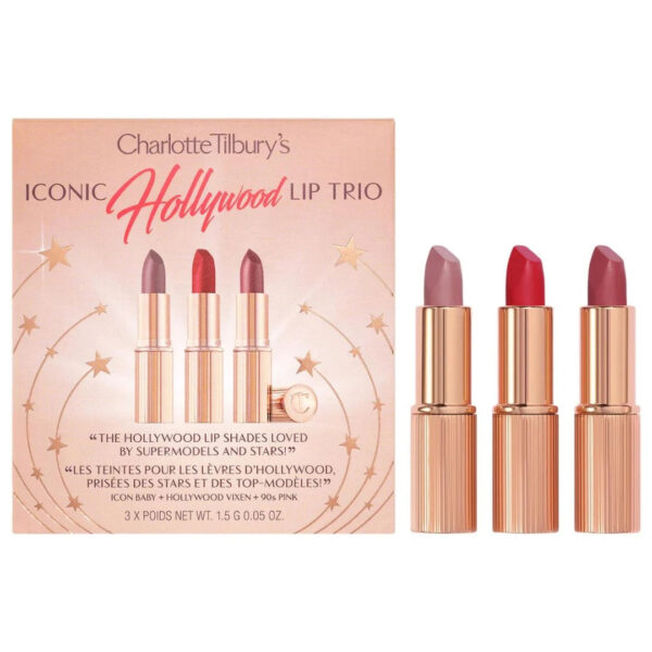 "Charlotte Tilbury Mini Lipstick Trio displayed on a vanity table."
