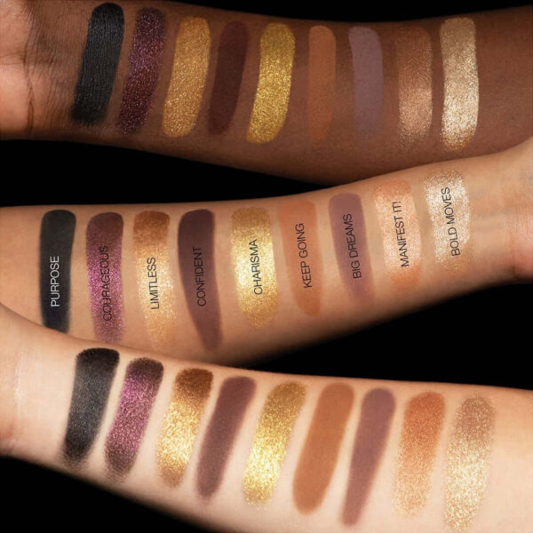 "HUDA BEAUTY Empowered Eyeshadow Palette showcasing 18 versatile shades in a sleek black and gold case."