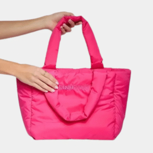 "HUDA BEAUTY Pink Tote Bag with logo on front, displayed on white background"

